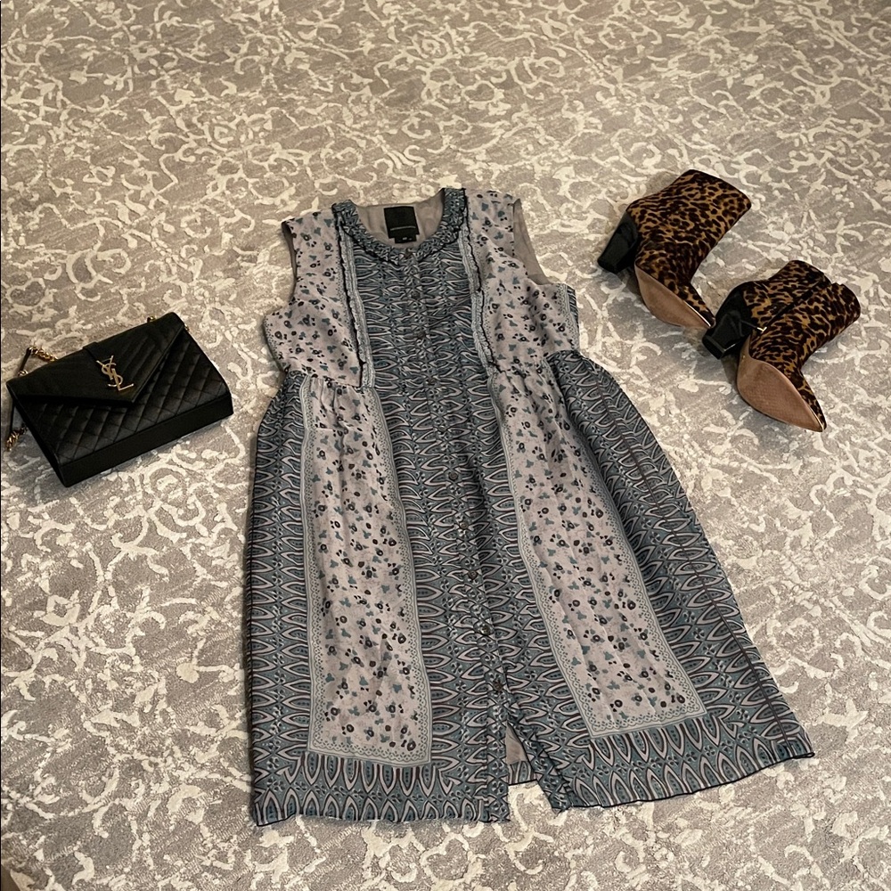 Anna Sui for Anthropologie Gray, Blue, Black Patterned Dress